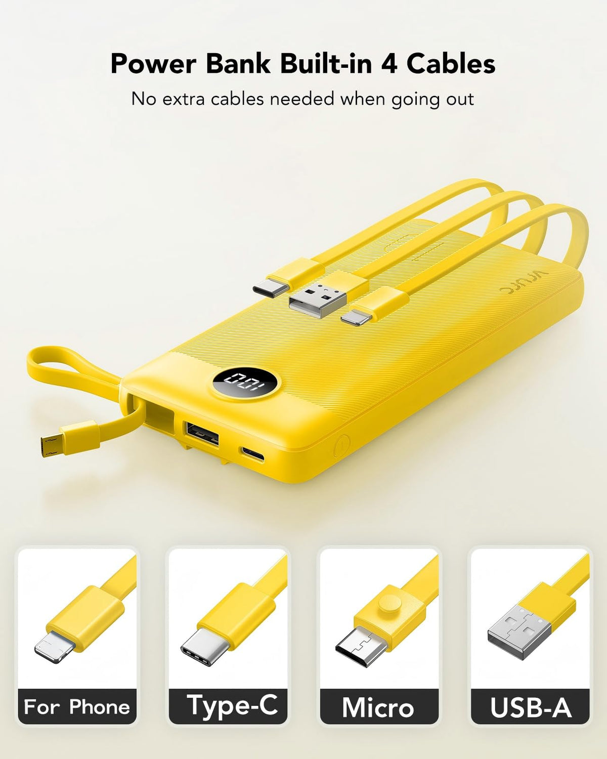 VRURC Portable Charger, Built in 4 Cables & Lanyard Power Bank 10000mAh