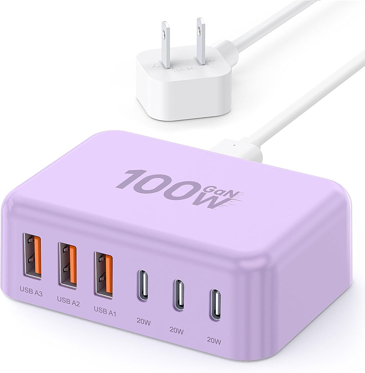 USB Fast Charger Block 50% Smaller 100W Max 6-Port GaN USB Charging Station