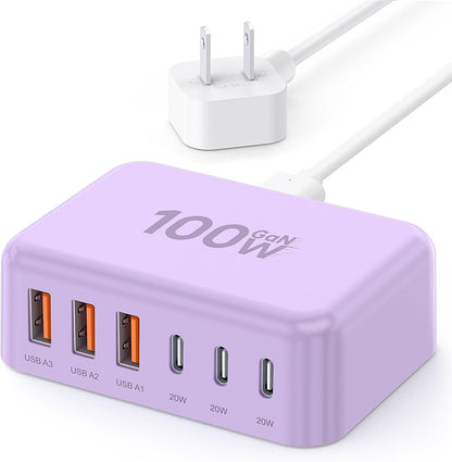 USB Fast Charger Block 50% Smaller 100W Max 6-Port GaN USB Charging Station