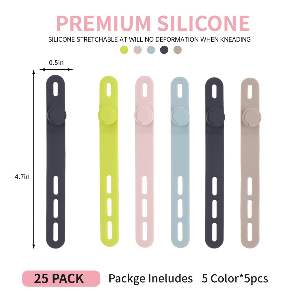 25 Pcs Silicone Cable Ties, Cable Ties Reusable, High Elasticity Cord Wraps for Electrical Cords, Cord Organizer for Earphone, Phone Charger(White)