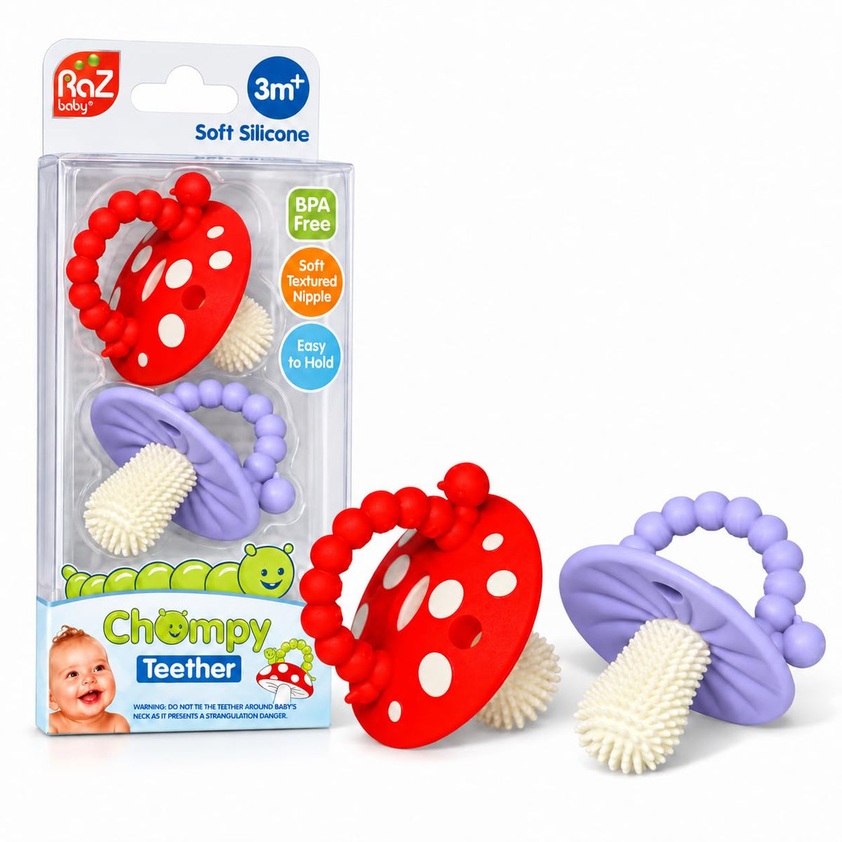 RaZbaby Soft Silicone Infant & Baby 3M+ Teether Toy Massaging Bristles Teething Relief Pacifier - Soothes Sore Gums - Hands-Free & Easy-to-Hold Chompy Teether, BPA Free (RED/Blue)