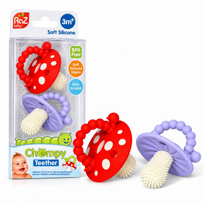 RaZbaby Soft Silicone Infant & Baby 3M+ Teether Toy Massaging Bristles Teething Relief Pacifier - Soothes Sore Gums - Hands-Free & Easy-to-Hold Chompy Teether, BPA Free (RED/Blue)