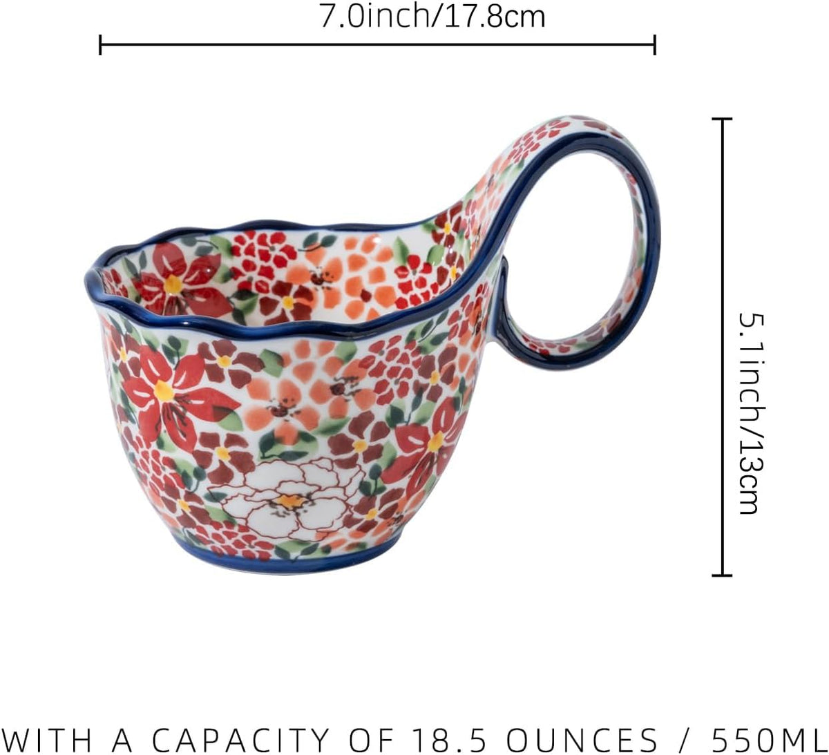 ALMA Handpainted Soup Bowl with Large Loop Handle,Easier Secure Grip
