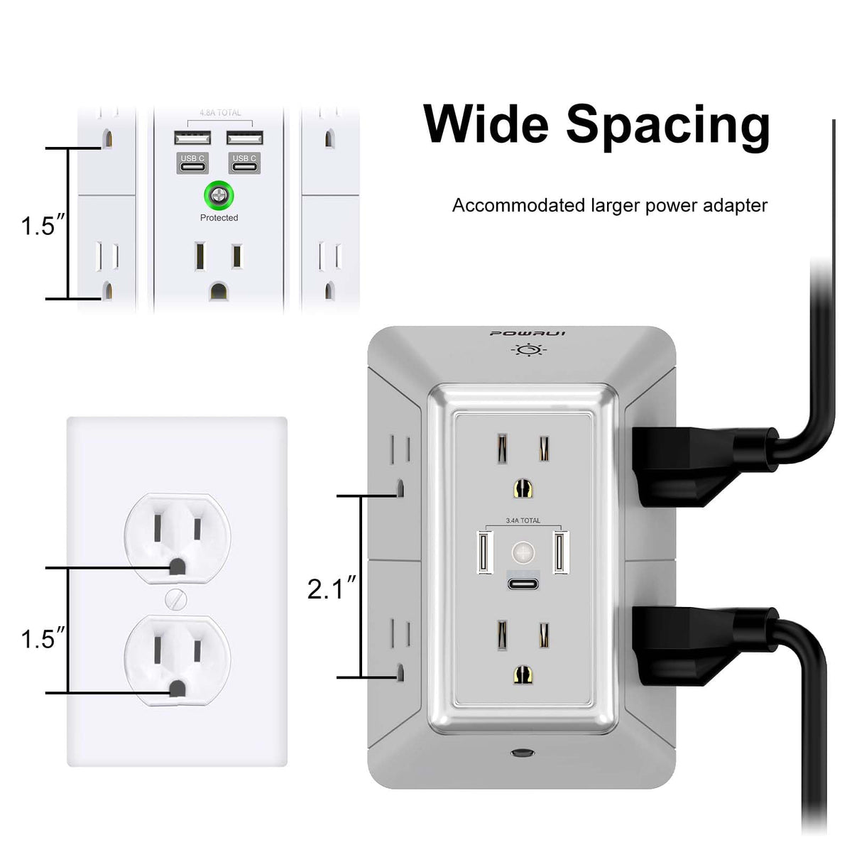 Multi Plug Wall Outlet Night Light, POWRUI 6 Outlet Extender & 3 USB Ports