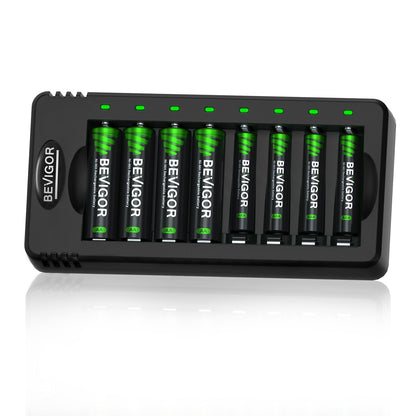 BEVIGOR 8 Pcs 2800mAh AA Rechargeable Batteries with 8 Slot LED Smart Battery Charger Set, Type C Fast Charging for Ni-MH/Ni-CD Rechargeable Batteries