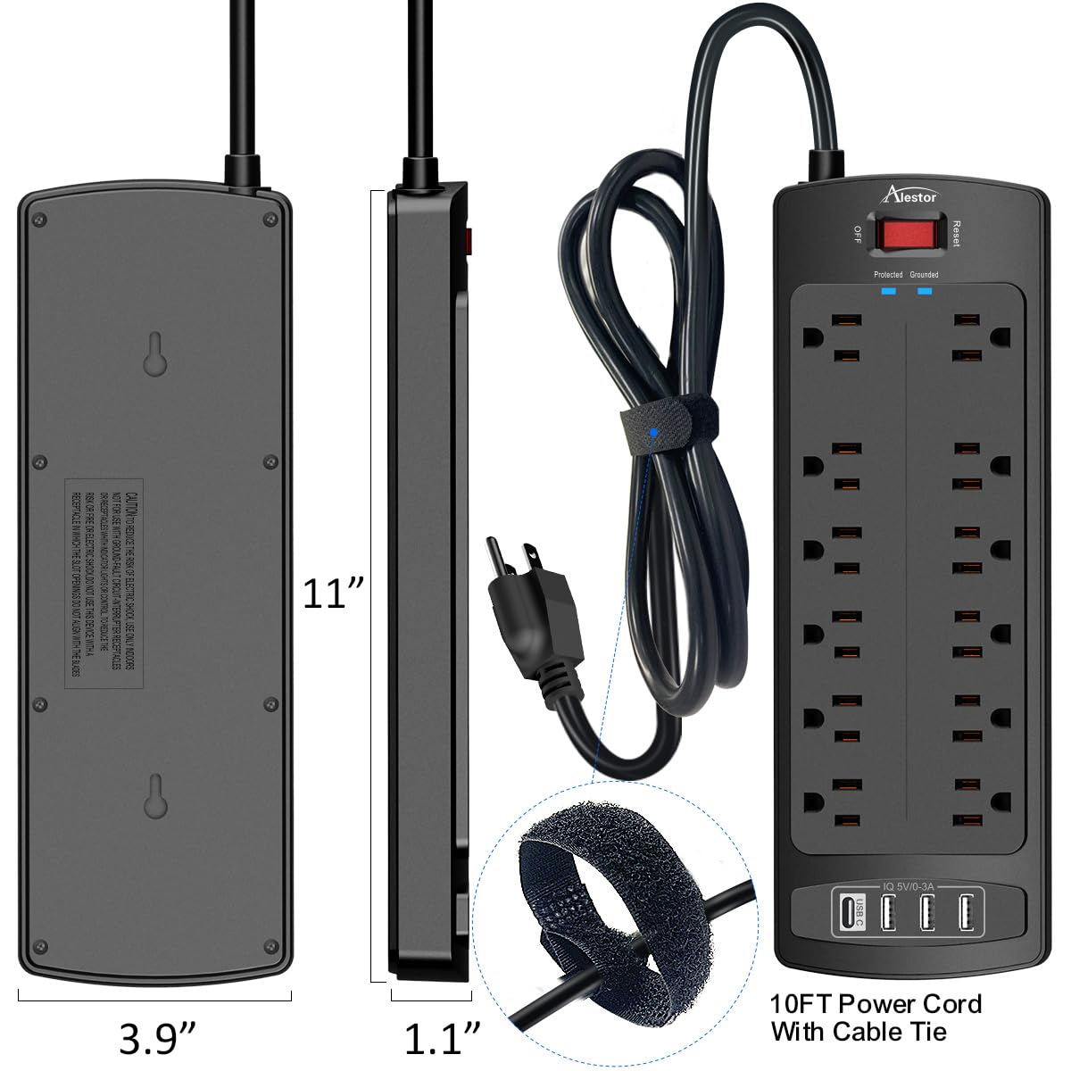 ALESTOR 10 Ft Surge Protector Power Strip with 12 Outlets and 4 USB Ports