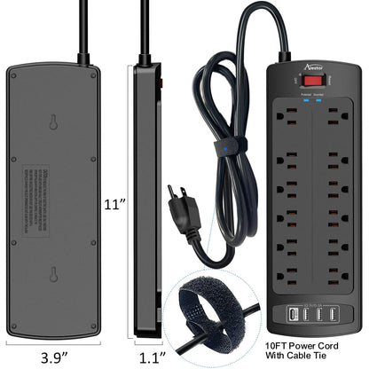 ALESTOR 10 Ft Surge Protector Power Strip with 12 Outlets and 4 USB Ports