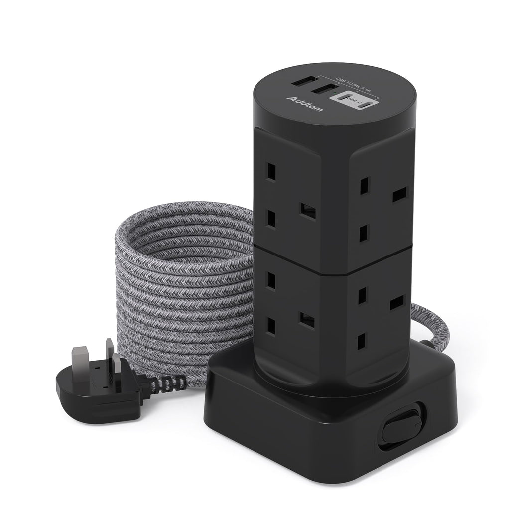 Tower Extension Lead with USB Slots, 8 Way Multi Plug Extension Tower &4USB