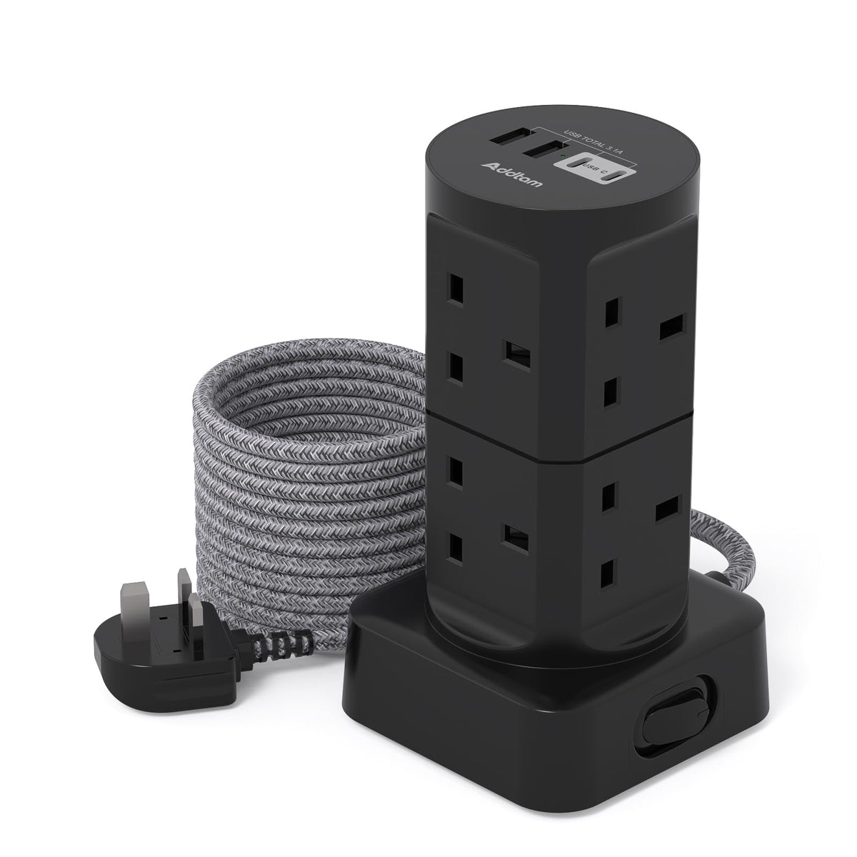 Tower Extension Lead with USB Slots, 8 Way Multi Plug Extension Tower &4USB