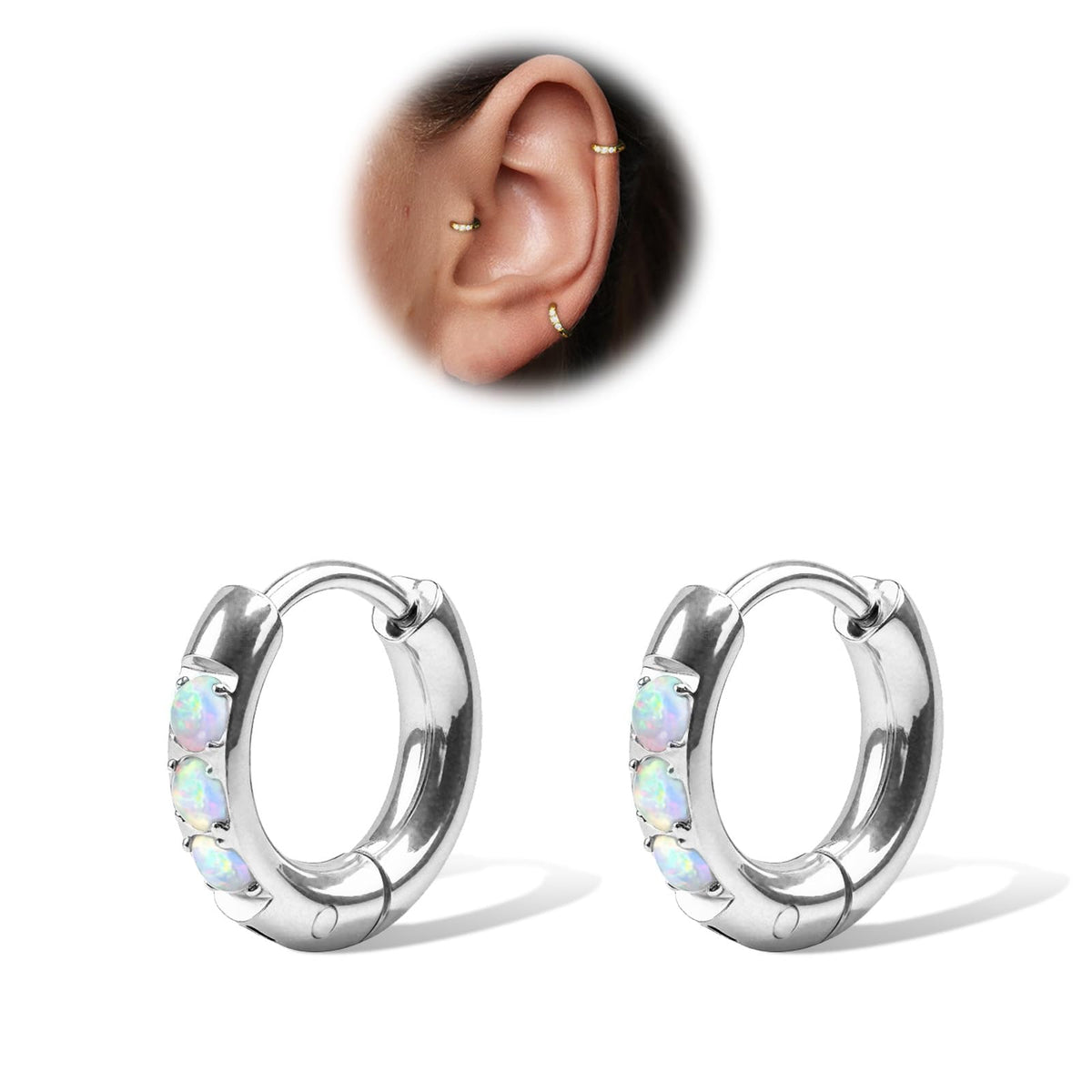1Pair 316L Surgical Steel Opal Small Hoop Earrings for Women Hypoallergenic Medical Grade Lightweight For Cartilage Helix Daith Tragus Lobe Piercing Jewelry