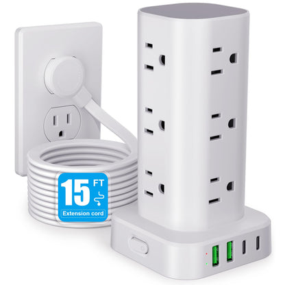 6FT Power Strip Tower Surge Protector, 12 Wide Spaced Outlets, 4 USB