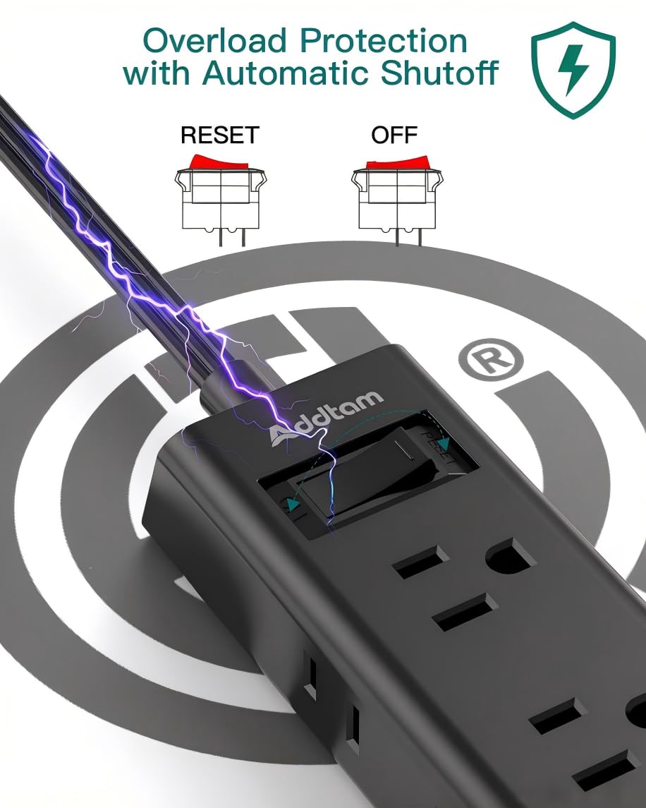 Addtam Flat Plug Extension Cord with 6 Outlet Extender for Cruise Travel