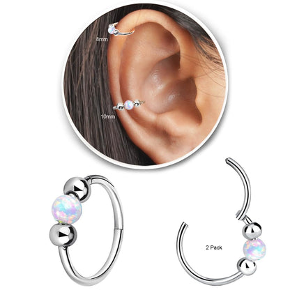 2PCS 18G Opal Cartilage Hoop Earrings, Hypoallergenic Silver Huggie Hoops