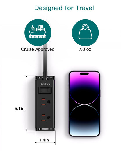 Addtam Flat Plug Extension Cord with 6 Outlet Extender for Cruise Travel