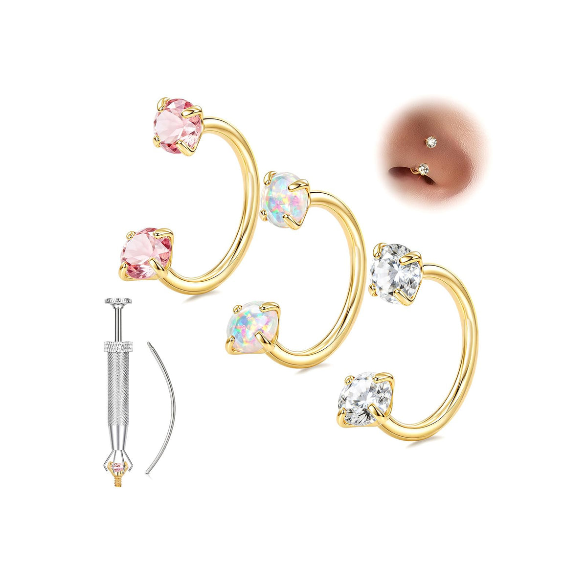 Horseshoe Nose Ring 20g 18g Gold Silver Opal CZ Double Gem Nose Rings Studs for Women Men 7mm 8mm Hypoallergenic Hoop Earrings Cartilage Helix Tragus Nostril Septum Daith Piercing Jewelry