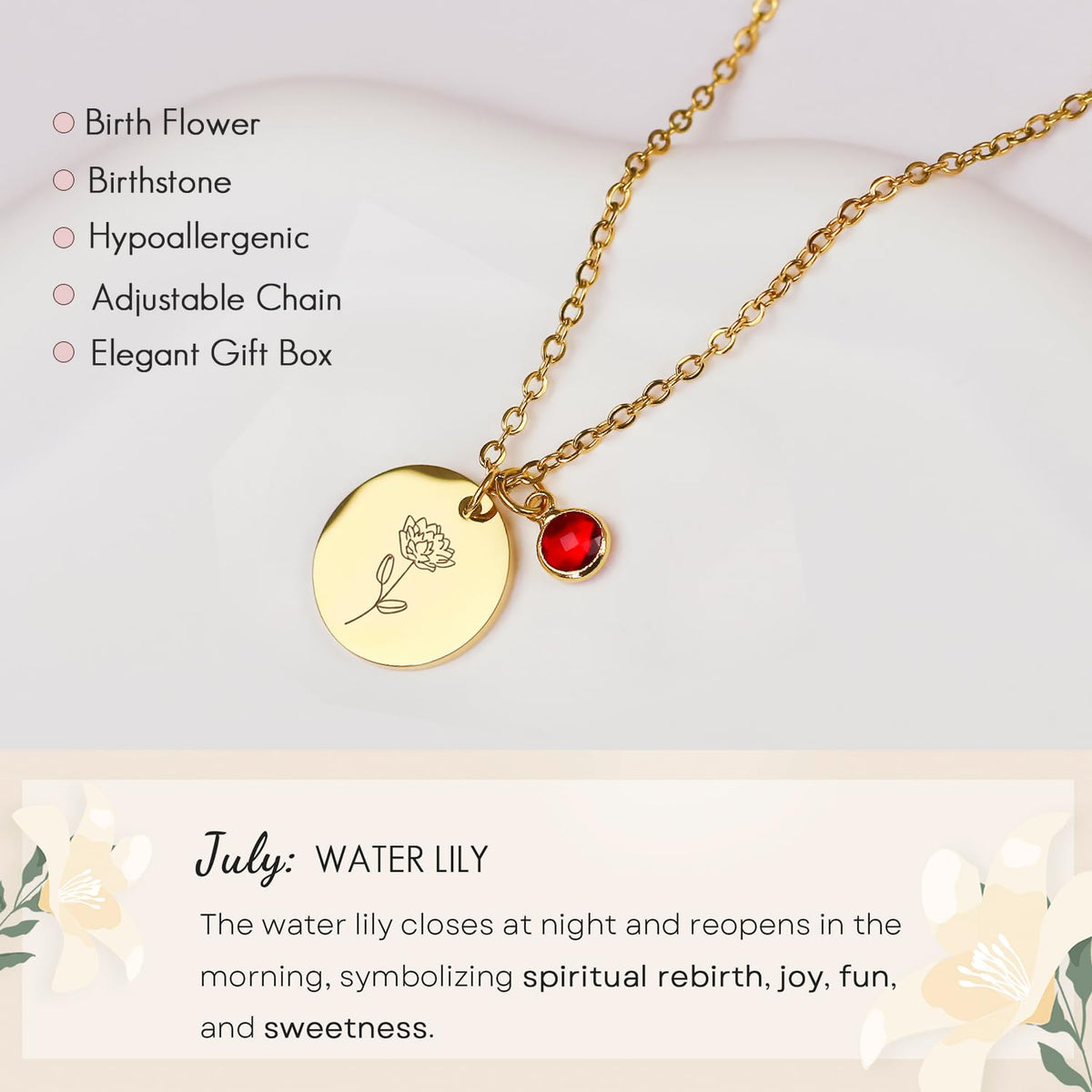 Birth Flower Necklaces for Women, 18K Gold Plated Birthstone Necklaces