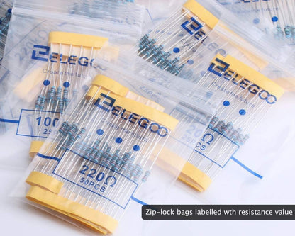 ELEGOO 525 Pcs 1/4W Metal Film Fixed Resistor Kit, 17 Values, ±1% Tolerance
