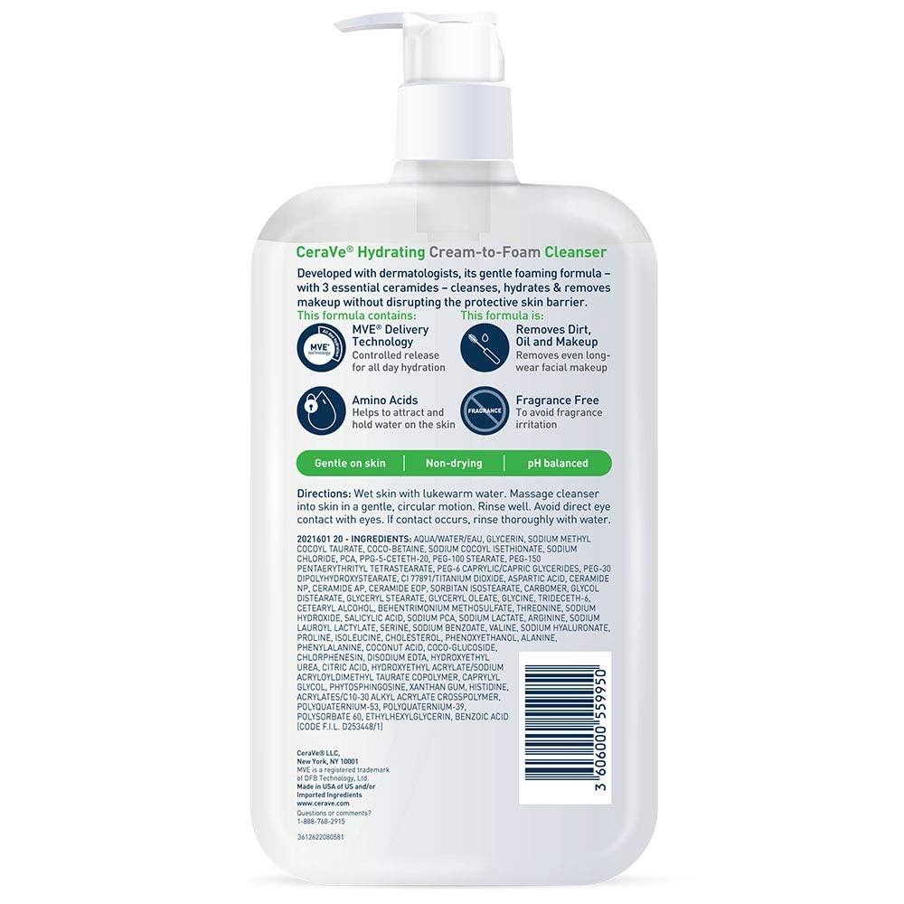 CeraVe Hydrating Cream To Foam Cleanser, Gentle Face Cleanser, 19oz