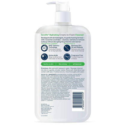CeraVe Hydrating Cream To Foam Cleanser, Gentle Face Cleanser, 19oz