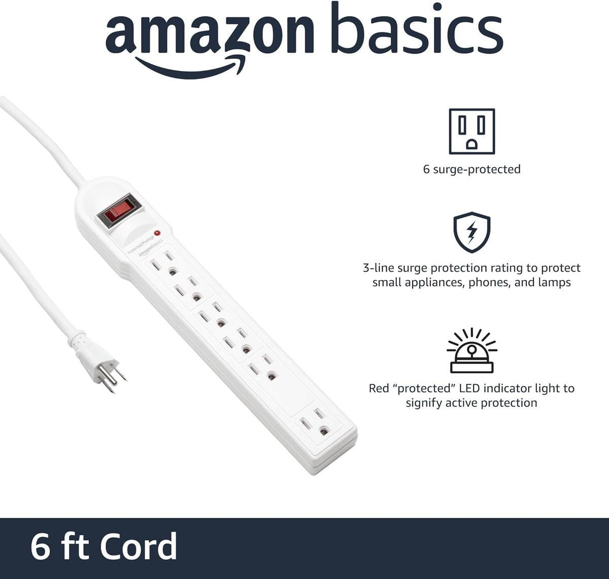 Amazon Basics Surge Protector Power Strip, 6-Outlet, 790 Joules, Circuit Breaker, LED Indicator, 6ft Extension Cord, White