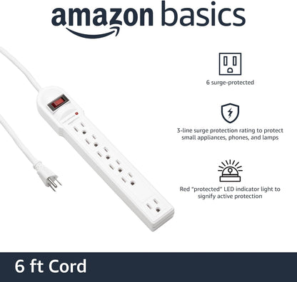 Amazon Basics Surge Protector Power Strip, 6-Outlet, 790 Joules, Circuit Breaker, LED Indicator, 6ft Extension Cord, White