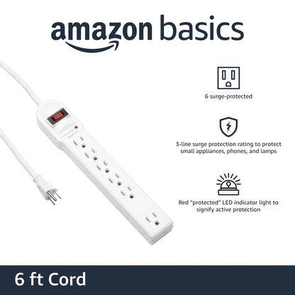 Amazon Basics Surge Protector Power Strip, 6-Outlet, 790 Joules, Circuit Breaker, LED Indicator, 6ft Extension Cord, White