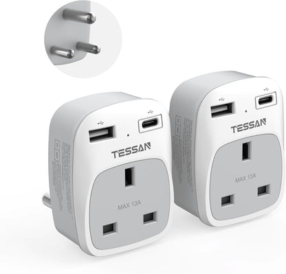 TESSAN UK to South Africa Plug Adapter, Type M Travel Adapter with USB C