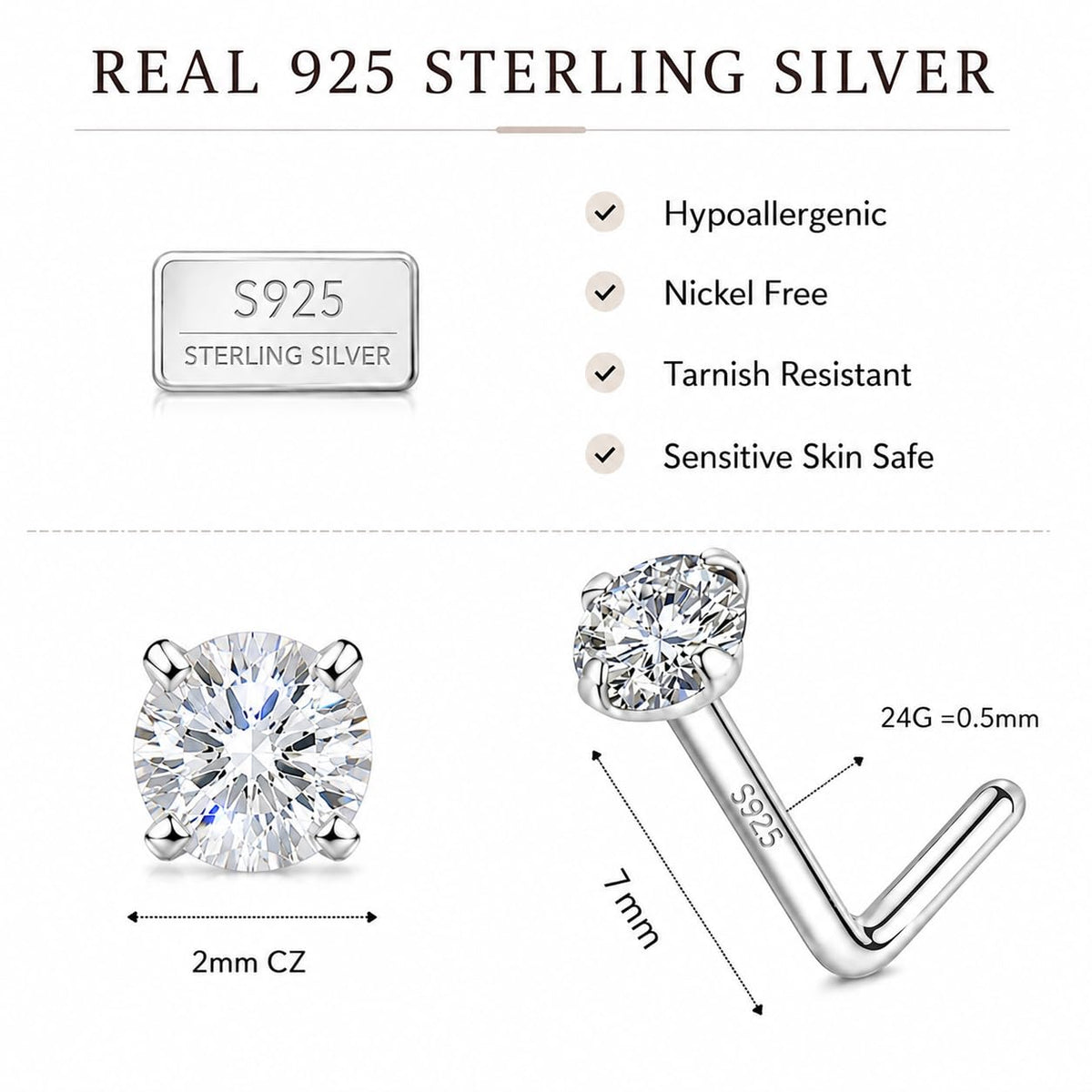925 Sterling Silver Nose Ring Stud for Women, 18G/20G/22G/24G, L Shaped