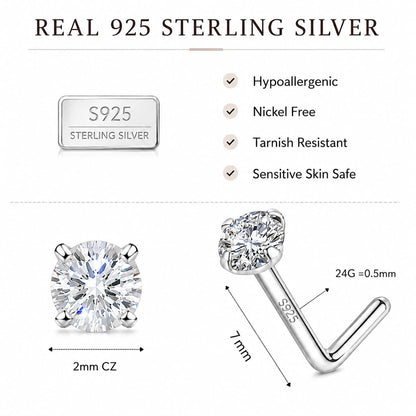925 Sterling Silver Nose Ring Stud for Women, 18G/20G/22G/24G, L Shaped