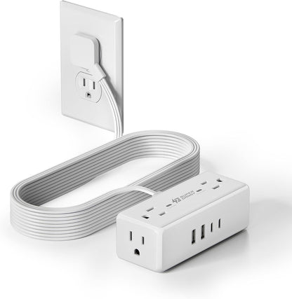 10Ft Long Extension Cord, SUPERDANNY Flat Plug Surge Protector Power Strip