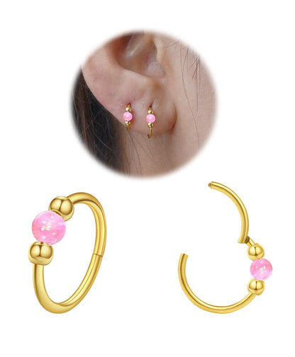 2PCS 18G Opal Cartilage Hoop Earrings, Hypoallergenic Silver Huggie Hoops