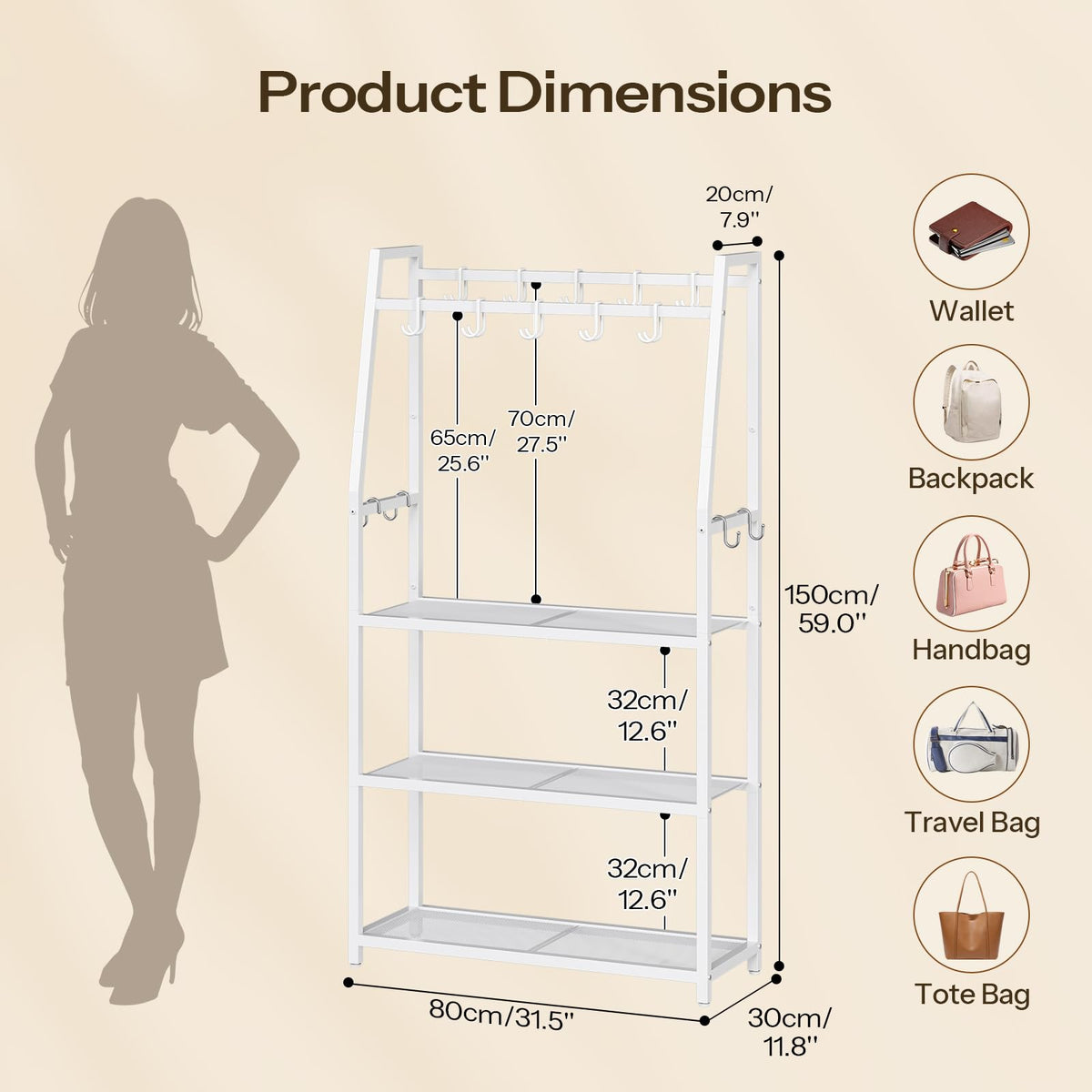 HOOBRO 3-Tier Purse Organizer for Closet, Purse Rack Stand with 14 Hooks