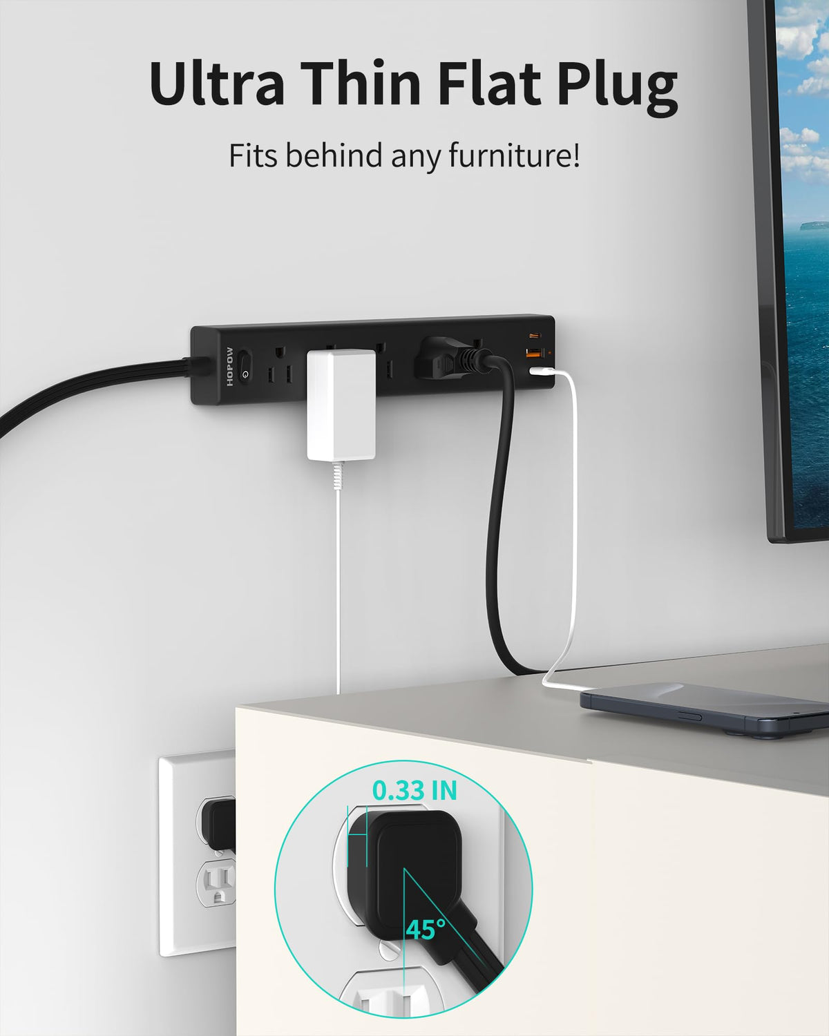 5 Outlets 2 Prong Power Strip with 3USB, 6FT Extension Cord for Old House