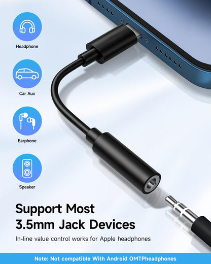 Apple MFi Certified 3 Pack Lightning to 3.5 mm Headphone Jack Adapter for iPhone, iPhone Aux Adapter Converter Dongle Audio Cable Compatible with iPhone 14 13 12 11 X XS 8 7
