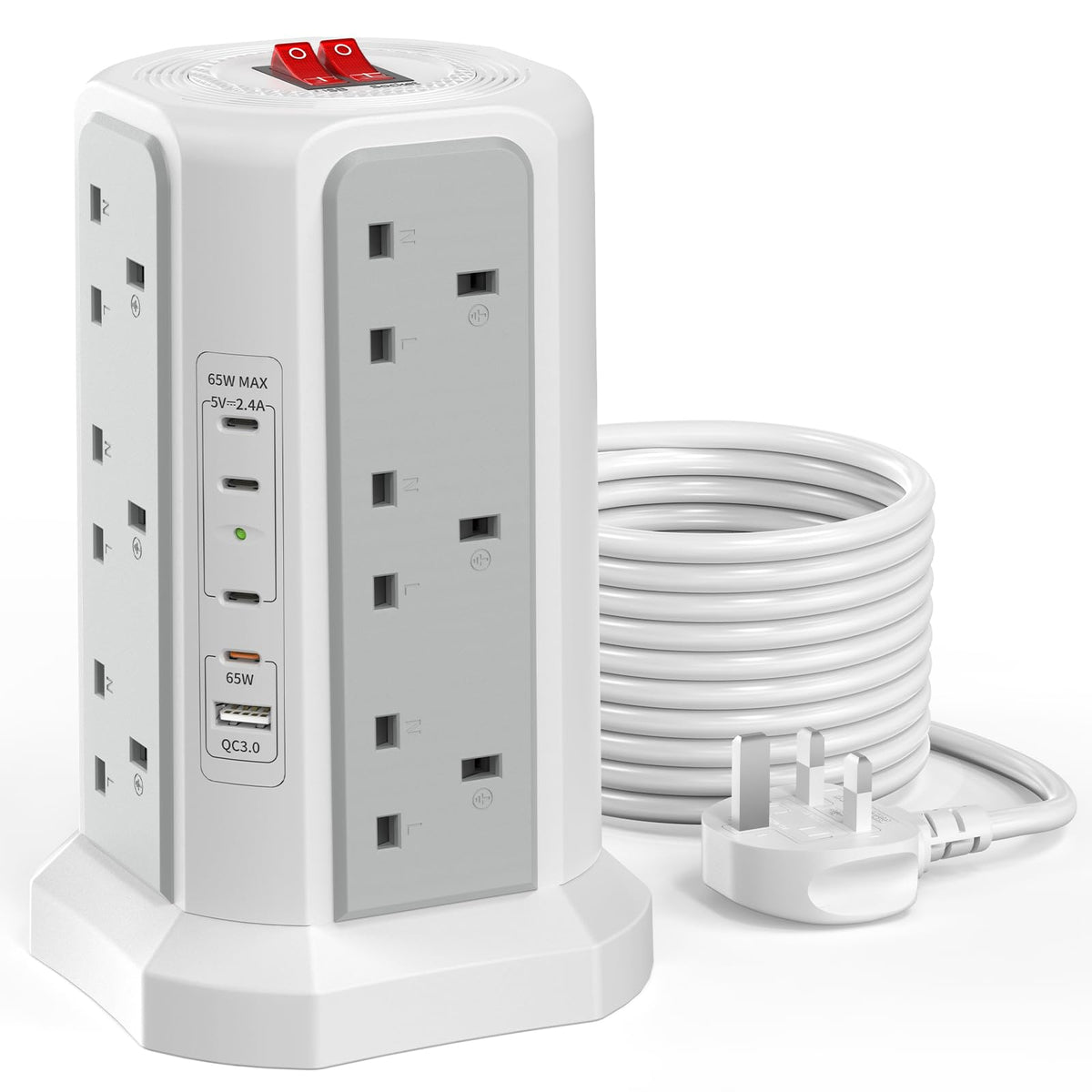 HAFINO Tower Extension Lead with USB Slots, PD18W USB C Fast Charger, 1.8M
