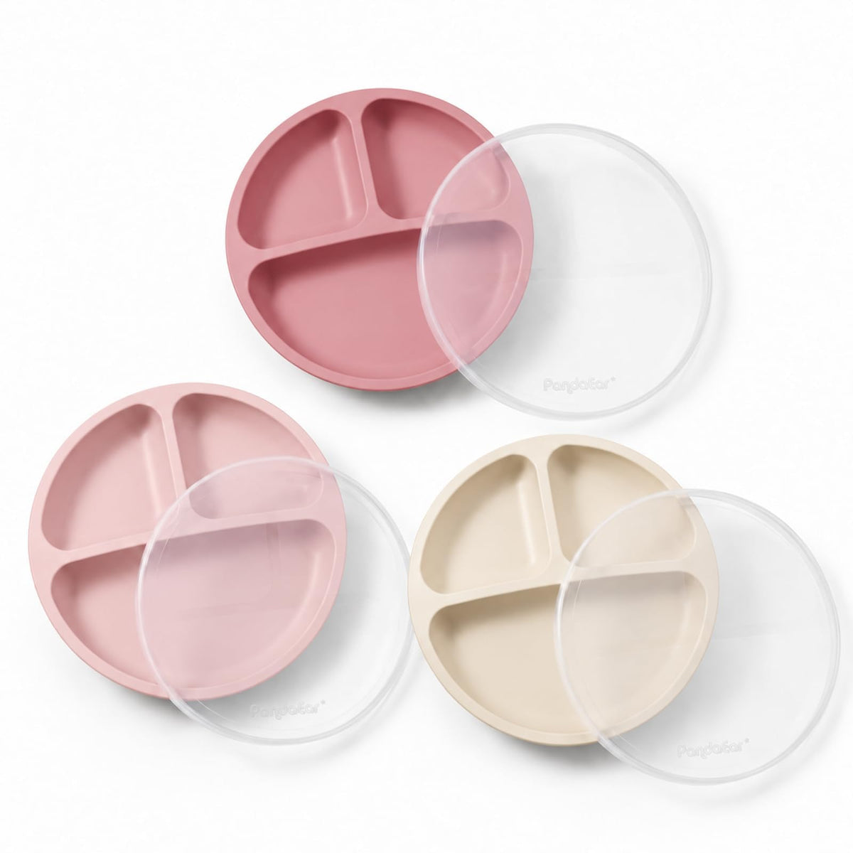 PandaEar 3 Pack Toddler Plates, Silicone Divided Suction Plate for Babies, BPA-Free 100% Food-Grade Silicone Unbreakable Baby Plate (Pink/Purple/Blue, Without Lids)