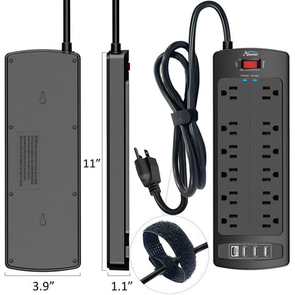 ALESTOR 10 Ft Surge Protector Power Strip with 12 Outlets and 4 USB Ports