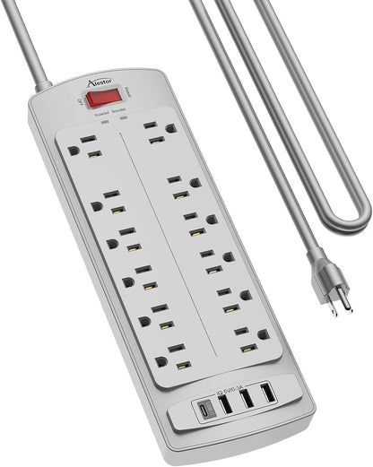 ALESTOR 10 Ft Surge Protector Power Strip with 12 Outlets and 4 USB Ports