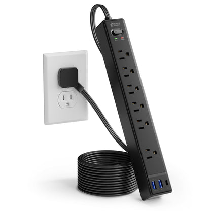 SUPERDANNY 6Ft Thin Extension Cord, Flat Plug Surge Protector Power Strip