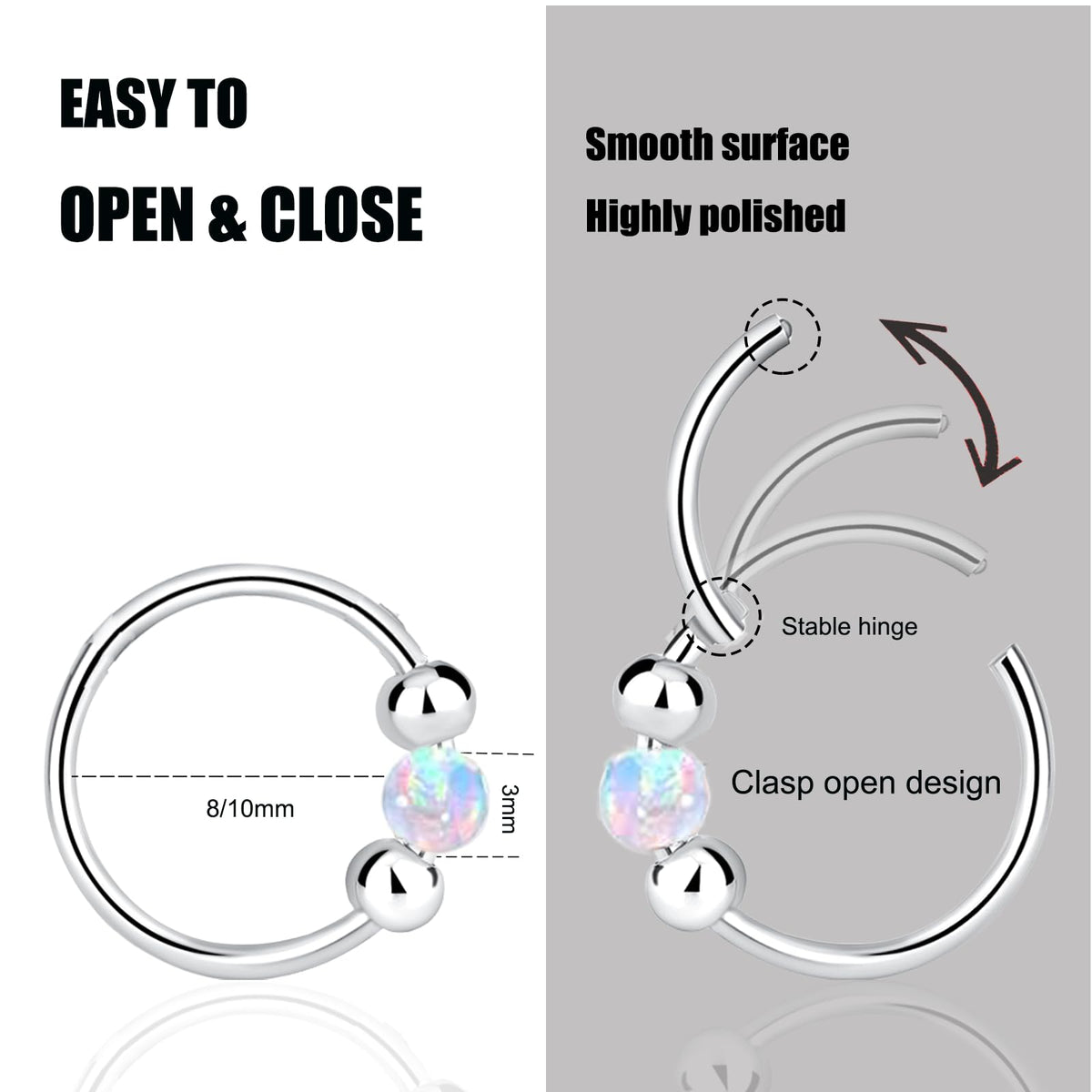 2PCS 18G Opal Cartilage Hoop Earrings, Hypoallergenic Silver Huggie Hoops