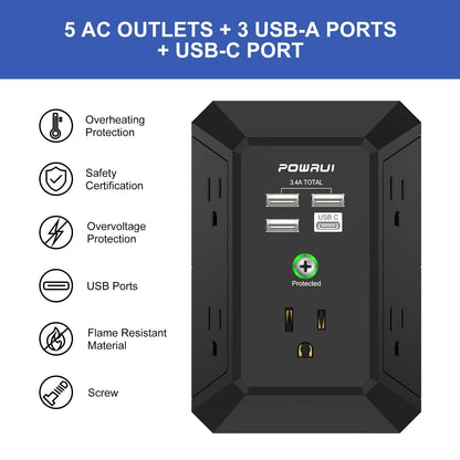 Multi Plug Wall Outlet Night Light, POWRUI 6 Outlet Extender & 3 USB Ports