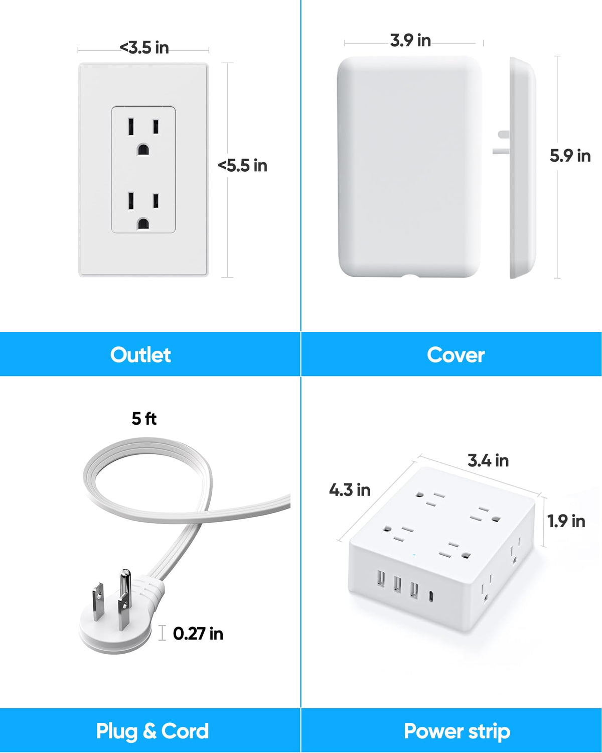 Split Extension Cord with Outlet Cover (10FT, Dual 5FT), Flat Plug Power Strip with 6 Outlets and 3 USB Ports, Outlet Extender for Tight Spaces