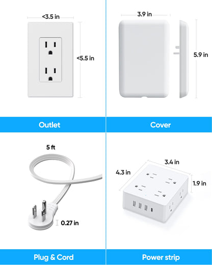Split Extension Cord with Outlet Cover (10FT, Dual 5FT), Flat Plug Power Strip with 6 Outlets and 3 USB Ports, Outlet Extender for Tight Spaces