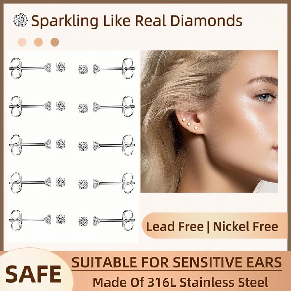 10 Pairs Small Stud Earrings for Women Hypoallergenic Multiple Piercings