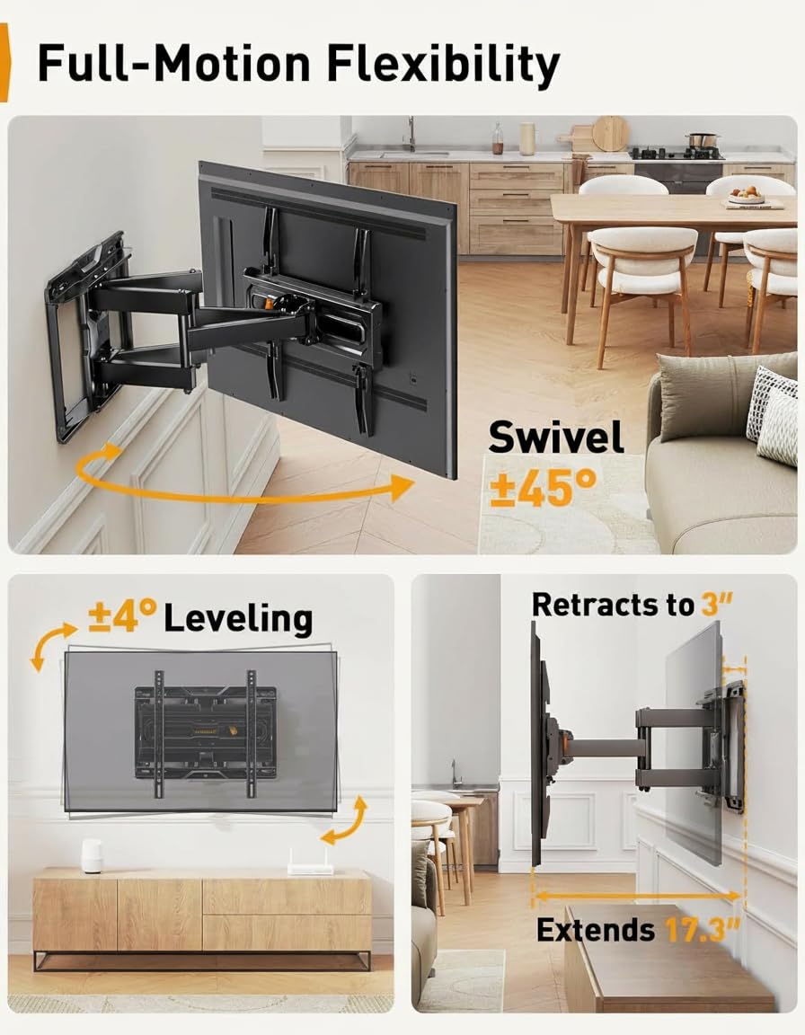 Perlegear Full Motion TV Wall Mount with Power Strip for 60–120 Inch TVs