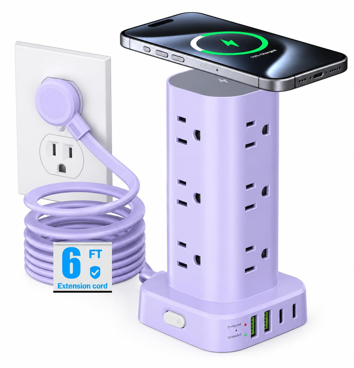 6FT Power Strip Tower Surge Protector, 12 Wide Spaced Outlets, 4 USB