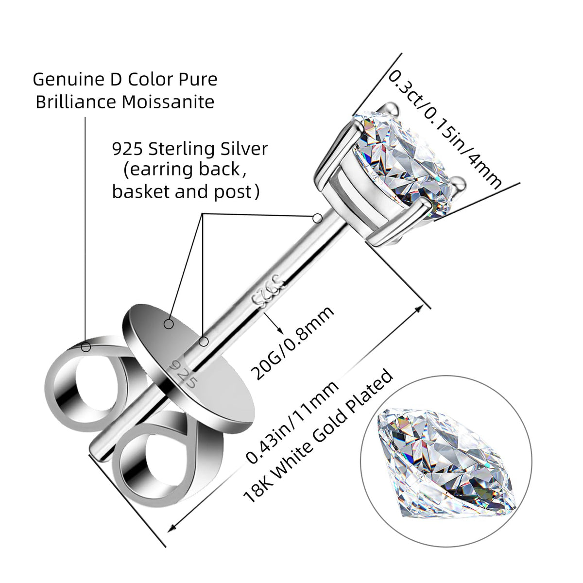 Moissanite Stud Earrings GRA 925 Sterling Silver Earrings for Men