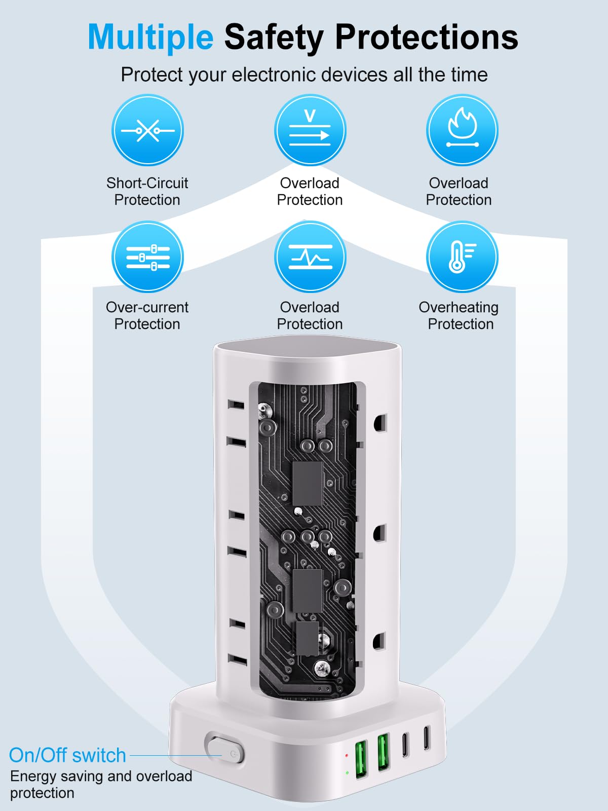 6FT Power Strip Tower Surge Protector, 12 Wide Spaced Outlets, 4 USB