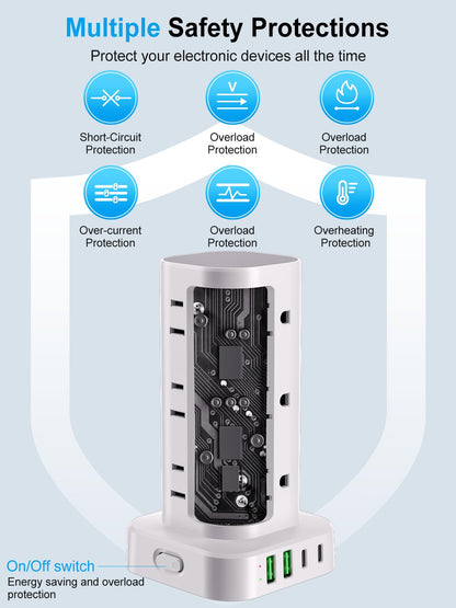 6FT Power Strip Tower Surge Protector, 12 Wide Spaced Outlets, 4 USB