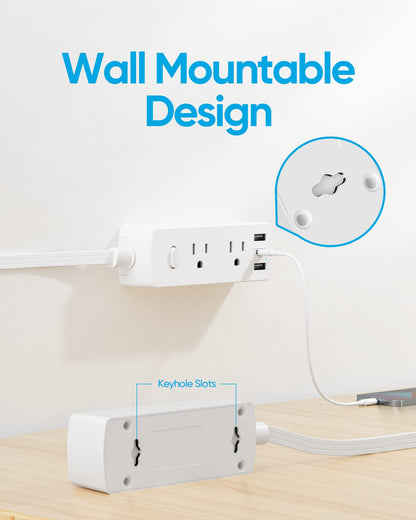 Flat Plug Power Strip with 10 FT Extension Cord, 6 Outlets 3 USB Ports(1 USB C), 3 Sided Outlet Extender for Home Office Travel Dorm Room Essentials, White